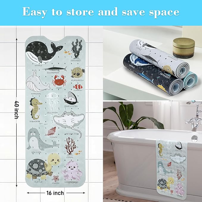Secopad Bath Mat for Tub Non Slip, Machine Washable Anti-Slip Cartoon Baby Bathtub Shower Mat with Drain Holes and Suction Cups for Toddler & Kids, 40 Inch x 16 Inch, Greige Sea Animals