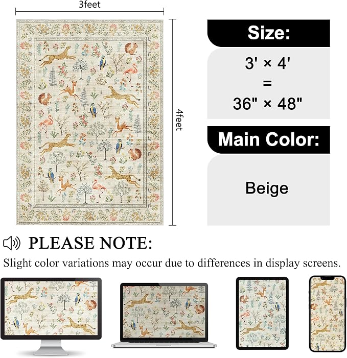 DUKINO 3x4 Washable Entryway Rug, Vintage Animal Ultra Soft Kitchen Area Rug with Non Slip Backing, Low Pile & Stain Resistant Indoor Door Mat for Bathroom, Bedroom, Laundry Room, Office, Beige