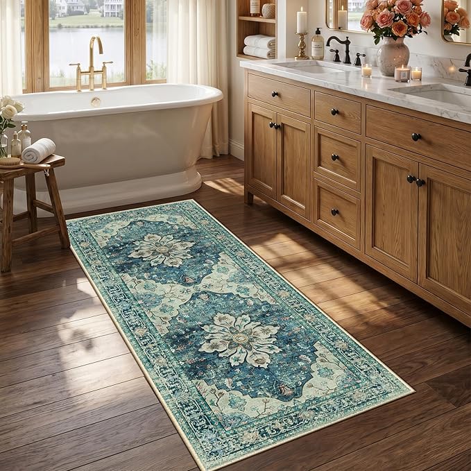 RELEANY Area Rugs Runner 2'6"x5' Washable Non-Slip, Floral Vintage Distress Medallion Carpet for Kitchen Hallway Bedroom Beside Laundry Room Bathroom, Dark Blue Vintage