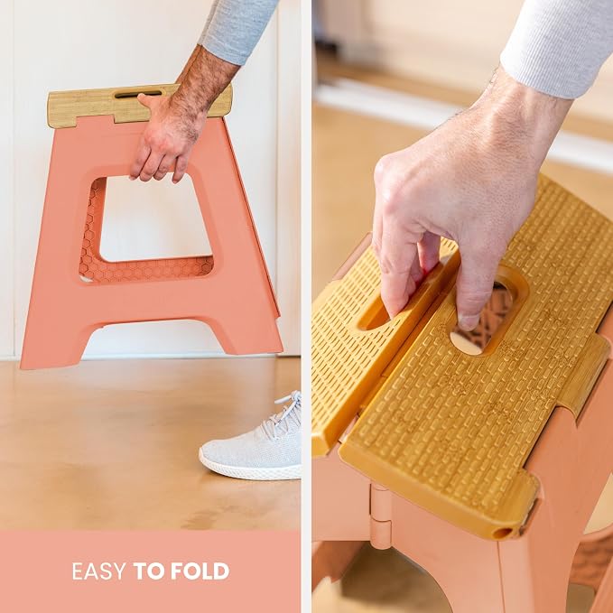 Vigar Compact Folding Step Stool - 12-1/2 Inch Foldable Step Stool for Adults, Lightweight Portable Stool with Handle, Non Slip Step Stool, Space-Saving Stool up to 330 lb- Orange, Bamboo Print Top