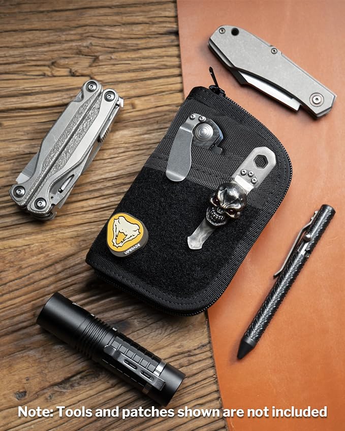 VIPERADE VE10 EDC Pouch Small Pocket Tool Pouch with 10 Compartments, Men's Pocket Organizer for Multitools, EDC Organizer with Patches Area for DIY (Black)