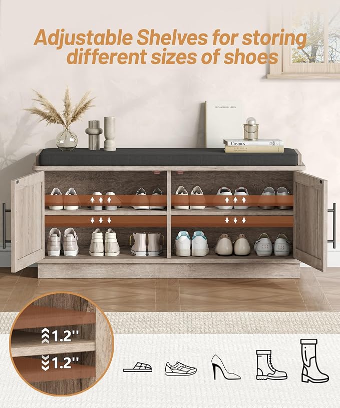 Akxomel Fluted Shoe Storage Bench with Cushion, 39.4" Entryway Bench with Adjustable Shelves and 2 Doors, Shoe Cabinet Bench with Curved Profile, for Hallway, Living Room, Bedroom, Greige