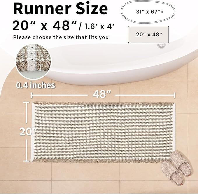 Waffle Bath Mat - Boho Bathroom Rugs Non Slip Washable, Super Absorbent & Quick Dry, Soft Bath Mat Farmhouse Bathroom Decor, 20'' x 48'', Khaki and White