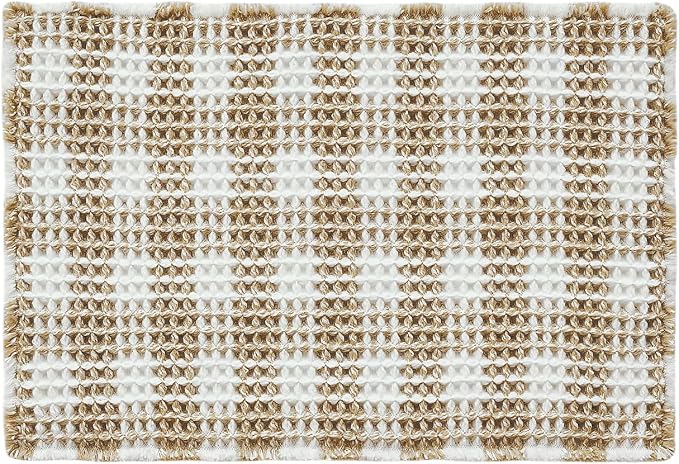 TYUU Waffle Bath Mat, Boho Bathroom Rugs Non Slip Washable Absorbent Checkered Bathroom Mat Quick Dry Farmhouse Bathroom Decor, 30"x20" Khaki and White
