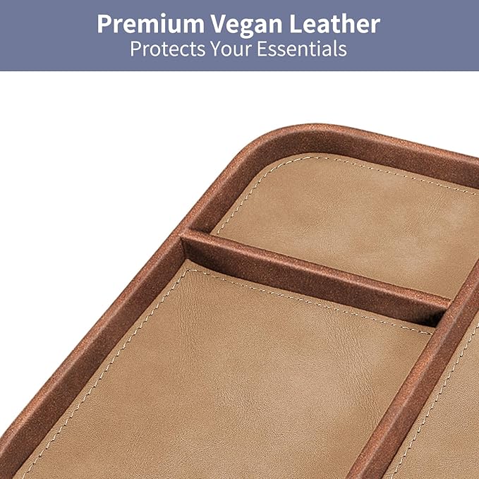 SITHON Valet Tray Trendy Organizer, Premium PU Leather Stylish and Organized Multifunctional Catchall Bedside Vanity Tray Nightstand Caddy Holder for Keys, Watch, Wallet, Jewelry and more (Brown)