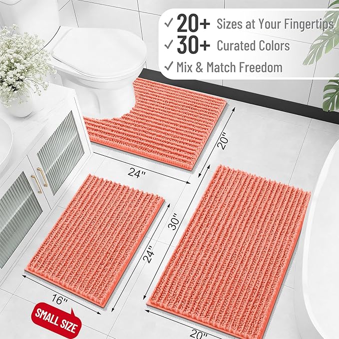 OLANLY Bathroom Rug Mat 70x46, Thick Soft and Absorbent Chenille Bath Mat, Non-Slip Rubber Backing, Machine Washable Quick Dry Bath Rugs for Tub Shower Floor, Home Decor Accessories, Coral