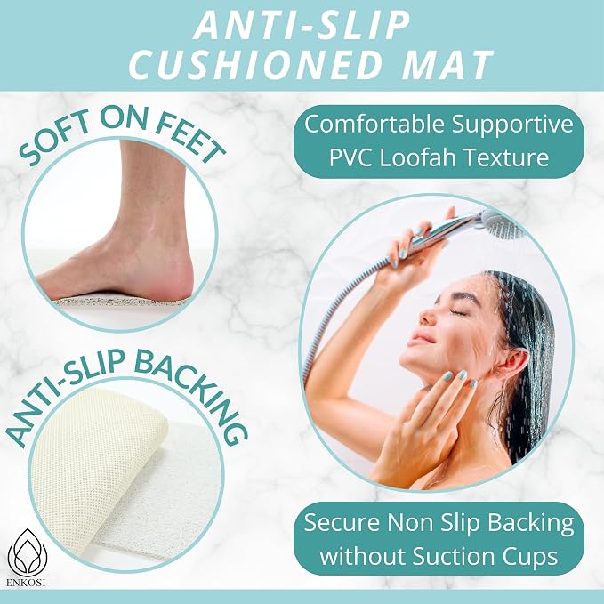 ENKOSI Loofah Non-Slip Shower and Bath Mat - Soft Cushioned Comfort - No Suction Cups for Smooth or Textured Tubs - Fast Draining - Safety for Bathroom, Family, Kids, and Elderly (24x16 White)