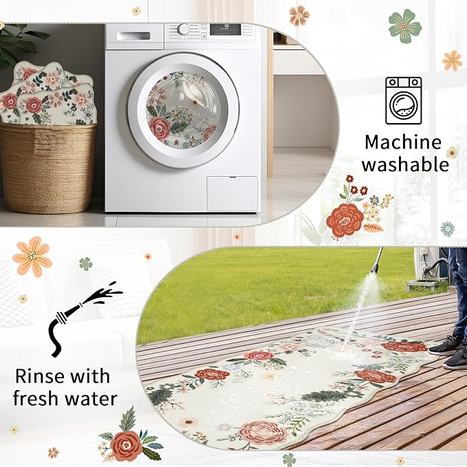 Homcomoda Floral Kitchen Rugs Mats for Floor 3PC, Farmhouse Non Slip Kitchen Rug Runner, Washable Non Skid Kitchen Rugs, Comfort Standing Mat for Laundry, Desk, Bar, Office, Beige