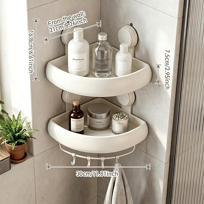 Corner Shower Caddy Suction Cup,2 Pack Cream White No-Drilling Shower Shelves,Rust Proof Shower Racks for Inside Shower with Removable Hooks and Towel Bar