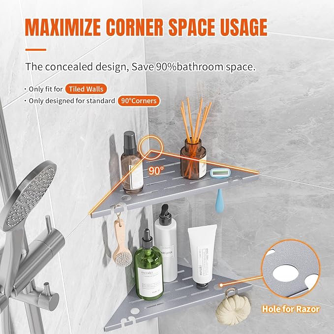 Shower Corner Shelf Organizer Rack with Hooks & Razor Hole, No Drilling Tile Shower Shelves, Rustproof Stainless Steel Bathroom Shelves Basket, Modern Corner Shelf for Bathroom, 2Pack-Silver