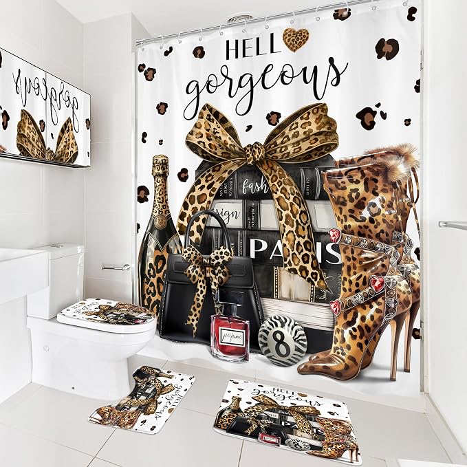 4Pcs Brown Leopard Shower Curtain Set, Cheetah Bathroom Curtain with Rug, Toilet Lid Cover, Bath Mat, Fashion Luxury Magazine Books Perfume High Heels Girly Shower Curtain with 12 Hooks