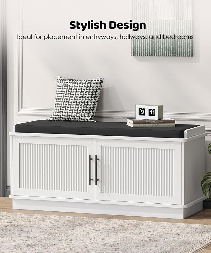 Akxomel Fluted Shoe Storage Bench with Cushion, 39.4" Entryway Bench with Adjustable Shelves and 2 Doors, Shoe Cabinet Bench with Curved Profile, for Hallway, Living Room, Bedroom, White