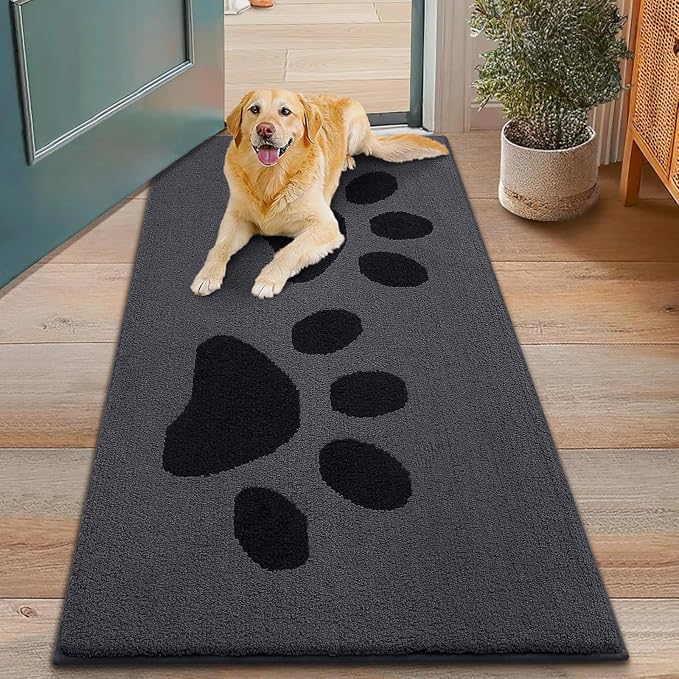 Smiry Dog Door Mat for Muddy Paws, Absorbs Moisture and Dirt, Low-Profile Entryway Mat with Non-Slip Backing, Entry Indoor Outdoor Doormat for Inside Floor (48x30 Inches, Black, Paw