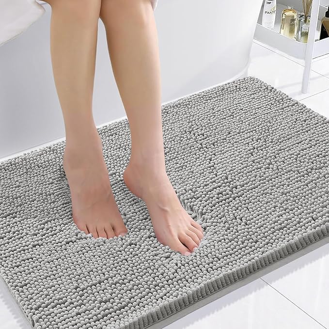 Smiry Luxury Chenille Bathroom Rugs 36x24, Extra Soft and Absorbent Shaggy Bath Mat, Machine Washable, Non-Slip Plush Carpet Runner for Tub, Shower, and Floor, Home Decor Accessories, Light Grey