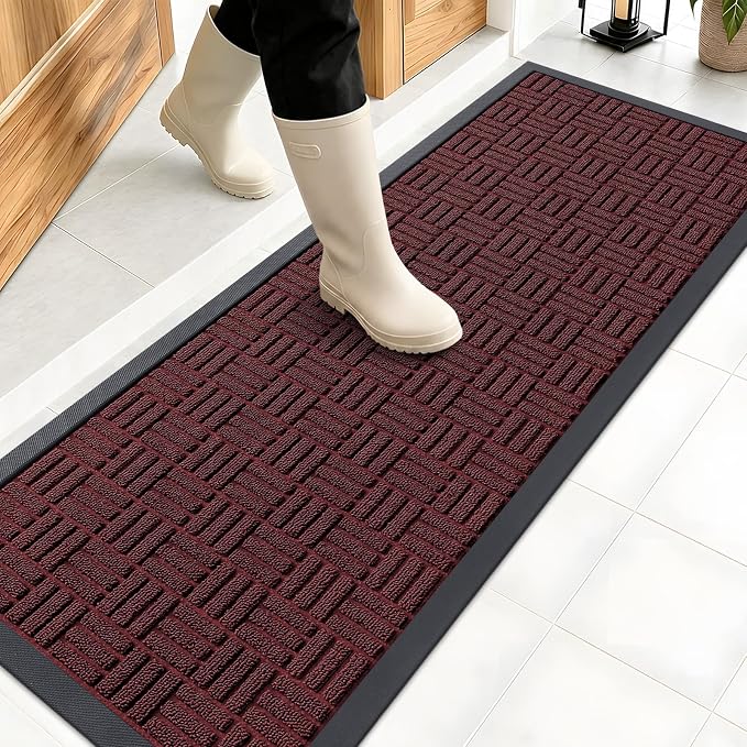 OLANLY Front Door Mat Outside Entrance 47x17, Absorbent, Heavy Duty Sturdy Natural Rubber Doormat Indoor Outdoor, Non-Slip, Stain and Fade Resistant, Low Profile Floor Mat for Entryway, Burgundy