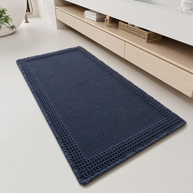 RESARE Waffle Bathroom Runner Rugs, Super Absorbent Bath Mat Non Slip Washable Quick Dry, Upgraded Ultra Soft Boho Bath Rugs with Tassels, Farmhouse Home Decor Accessories, 2'x4'(24"x48") Navy