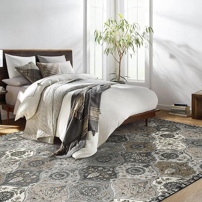 Lahome Moroccan Washable Area Rugs 8x10, Soft Vintage Oriental Rug for Living Room Bedroom Dining Room, Non Slip Low Pile Stain Resistant Rug for Kids Pets High Traffic Areas, Burnt Grey