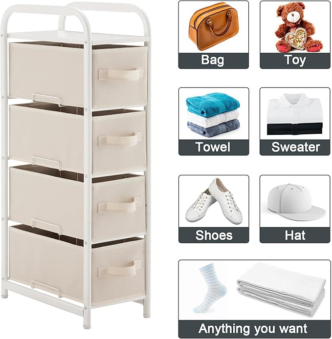 MAX Houser 4 Drawer Narrow Dresser Fabric Storage Tower Vertical Slim Storage Chest Organizer Nightstand Side/End Table Small Standing Organizer Removable Drawers Wood Top for Bedroom, Bathroom(Beige)