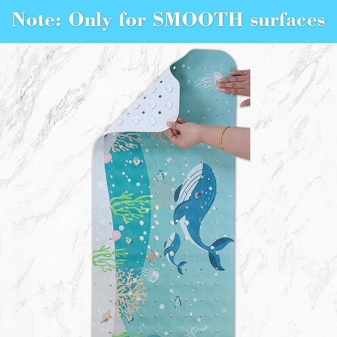 Secopad Bath Mat for Tub Non Slip, Machine Washable Anti-Slip Cartoon Baby Bathtub Shower Mat with Drain Holes and Suction Cups for Toddler & Kids (40 Inch x 16 Inch-Rectangular, 2-Whales)