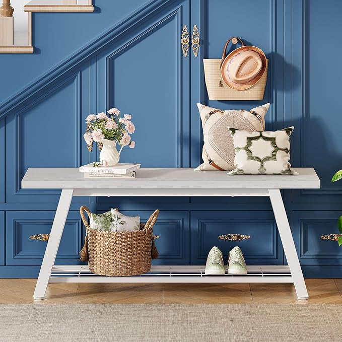 Oastreeful Industrial Entryway Bench Rustic Wood and Metal Storage Bench for Indoor Living Dining Room Bedroom Long Shoe Benches Seat (White)