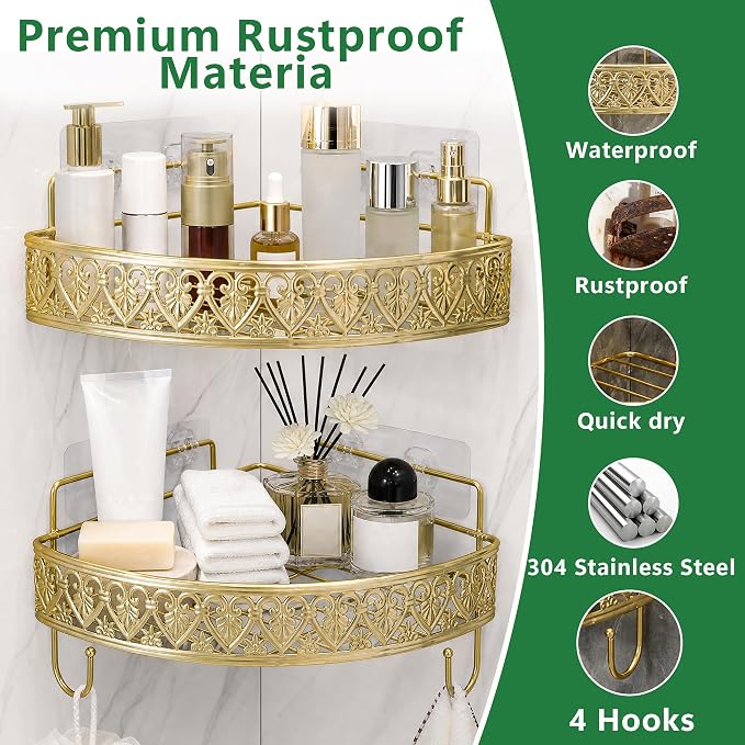 Gold Corner Shower Caddy - 2 Tier No Drilling Adhesive Shower Shelves, Gold Bathroom Shower Organizer with 4 Hooks, Wall Mounted Shower Rack for Inside Shower, Decorative Shower Corner Shelf