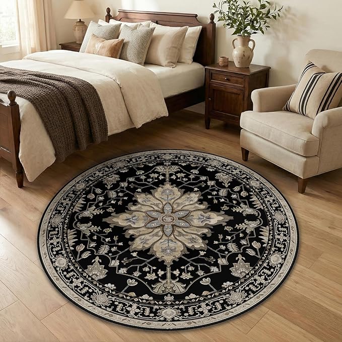 RELEANY Area Rugs Round 4ft Washable Non-Slip, Floral Vintage Distress Medallion Carpet for Living Room Bedroom Dining Room, Black Brown Neutral Dark Tan