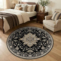 RELEANY Area Rugs Round 4ft Washable Non-Slip, Floral Vintage Distress Medallion Carpet for Living Room Bedroom Dining Room, Black Brown Neutral Dark Tan