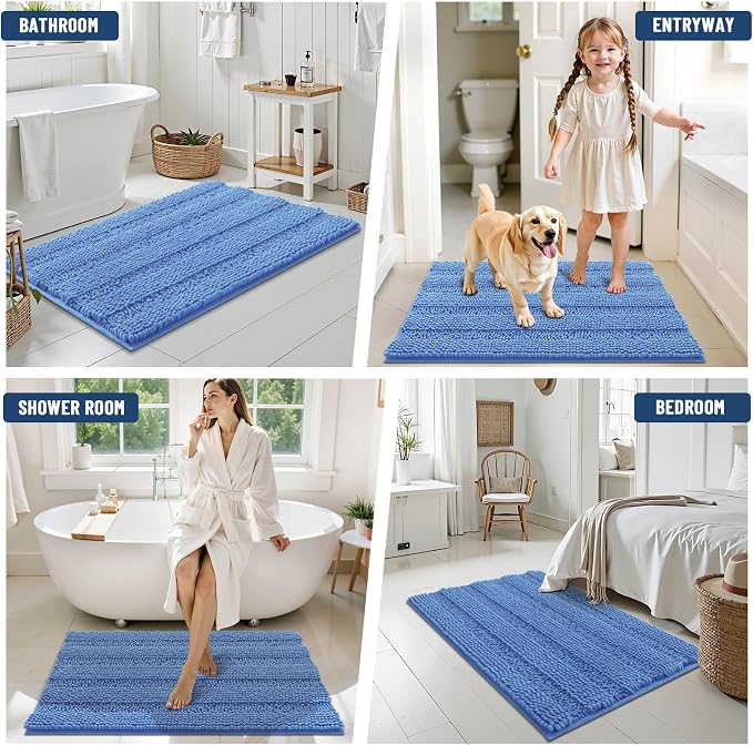 Grandaily Chenille Striped Bathroom Rugs 47x24, Extra Thick and Soft Absorbent Bath Mats, Rubber Backing, Plush Shaggy Shower Carpet, Machine Wash Dry, Bath Rug for Bathroom, Cornflower Blue