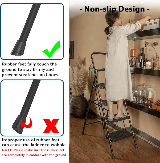 BONTEC 4-Step Ladder, 400lbs Max Load, Folding Step Stool with Tool Tray, Anti-Slip Pedals, Sturdy Steel, Lightweight Portable Ladder with Handrail for Home & Work Use, Black