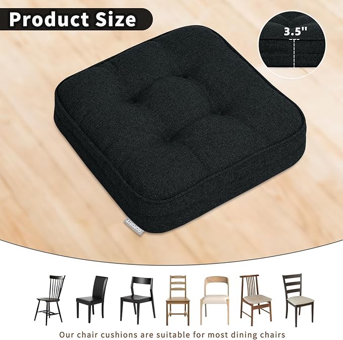 GOFORIT Chair Cushions Set of 4,Tufted Shredded Memory Foam Chair Pads, Non-Slip Seat Cushions with Removable Cover, 16'' x 16'', 4 Pack,Black