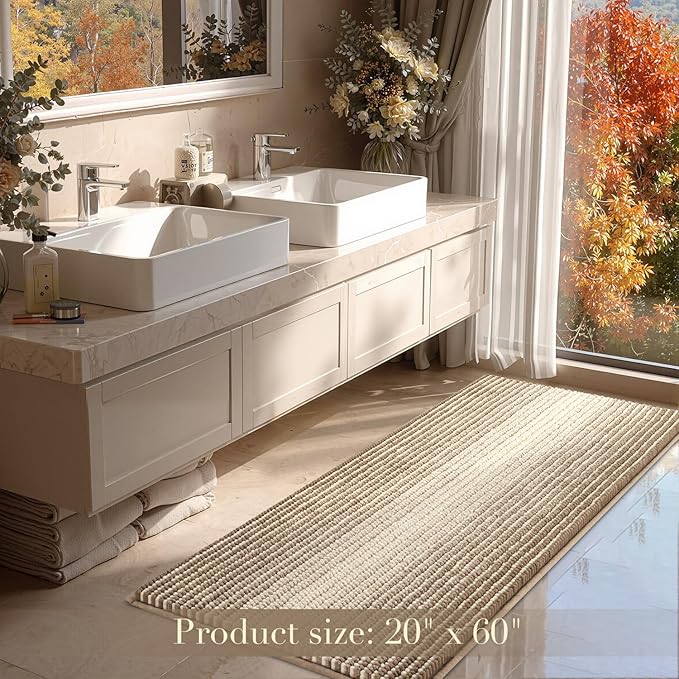 BSICPRO Luxury Bath Mat - 22"x60" Non-Slip Chenille Water Absorbent Machine Washable (Tan)