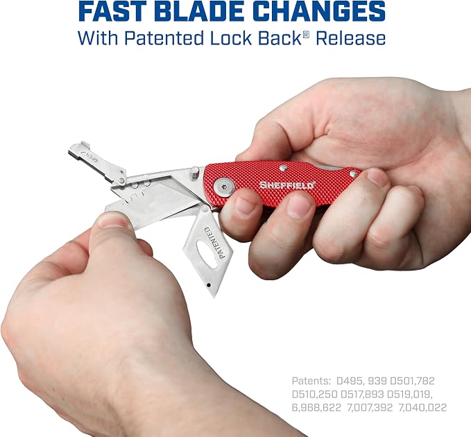 Sheffield Folding Utility Knife, Accepts Standard Utility Knife Blades, Box Cutter Aluminum Handle, Razor Blades Included, For Home, Office, Trades, and Warehouse