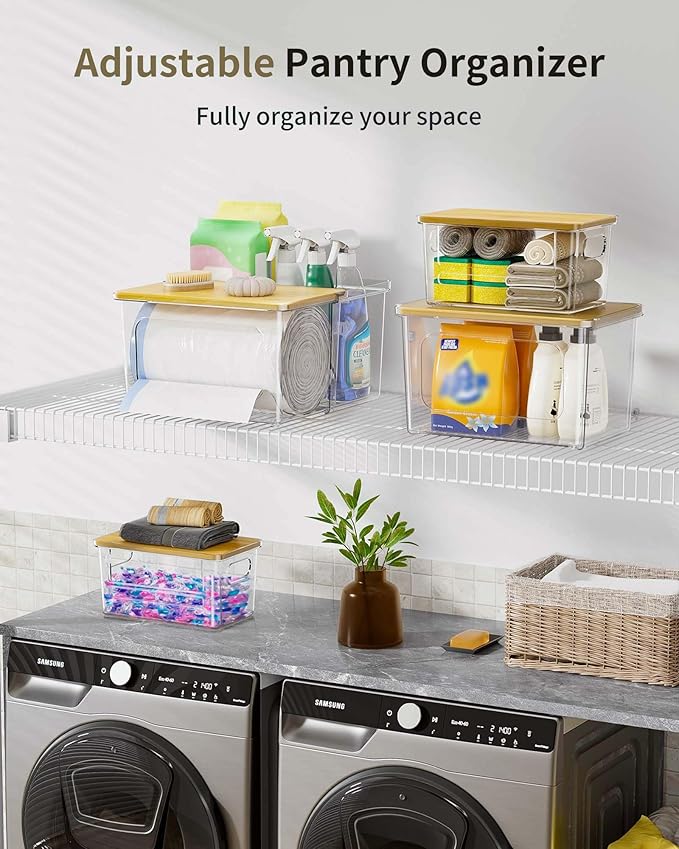 iCASA Trash Bag Dispenser Holder - 3 in 1 Acrylic Under Sink Organizer Garbage Bags Container with Bamboo Lid, Holds up to 100 Count 13/30/33 Gallon Bag Roll for Kitchen, Pantry, Laundry Room Storage