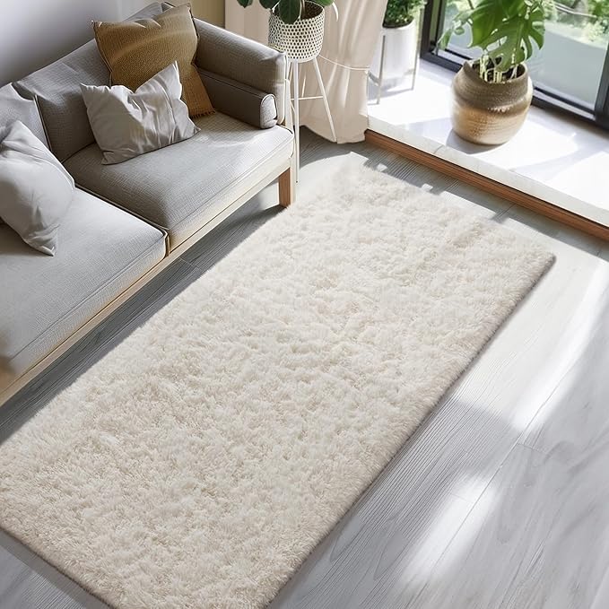 Ophanie Runner Rug for Hallway, 3x8 Washable Non-Slip Fluffy Soft Bedside Rugs, Bedroom Living Room Shaggy Carpet for Kids Girls Boys Dorm Nursery Home Decor Aesthetic, Ivory