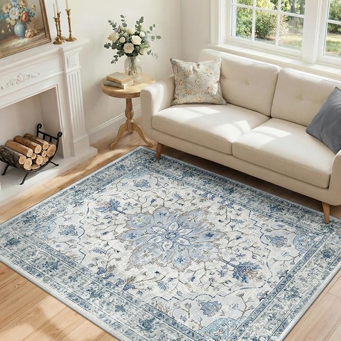 RELEANY Area Rugs 4'x5' Washable Non-Slip, Floral Vintage Distress Medallion Carpet for Living Room Bedroom Dining Room, Light Blue Navy Gray White