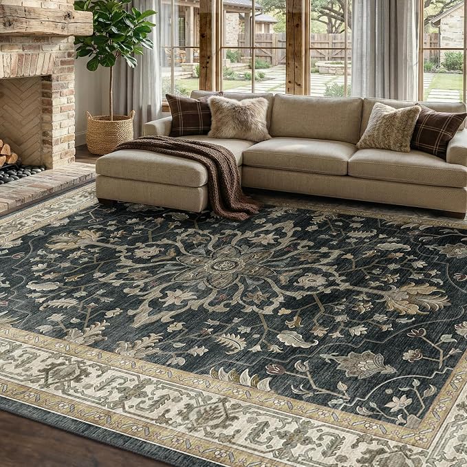RELEANY Area Rugs 7'x10' Washable Non-Slip, Floral Vintage Distress Medallion Carpet for Living Room Bedroom Dining Room, Vintage Black Brown Neutral