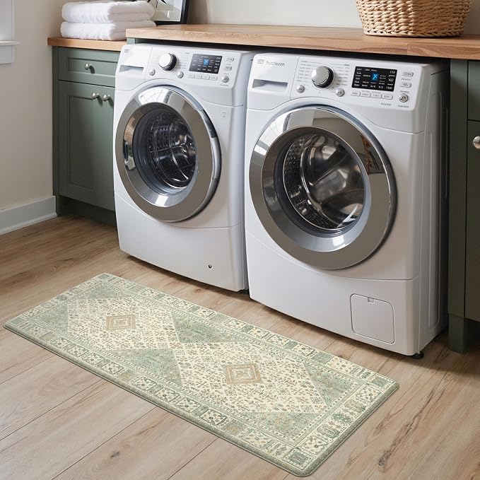 GENIMO Kitchen Mats for Floor 2PCs, Washable Anti Fatigue Mat for Cushioned, 17.3"x47"+17.3"x30", Waterproof Kitchen Rugs, Non Slip Comfort Standing Mat Rug for Home, Sink, Laundry, Vintage Green