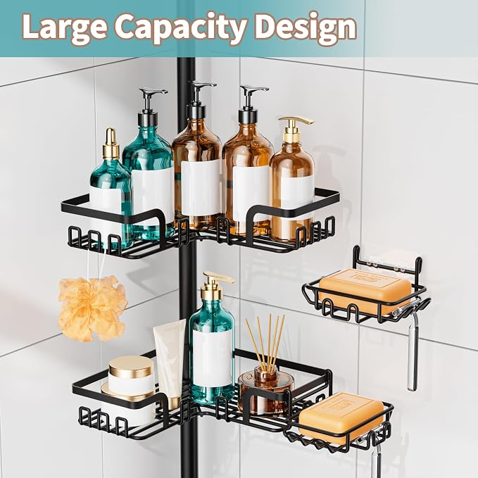 KEGII Shower Caddy Tension Pole, with 2-in-1 Soap Holders x 2 & 32 Hooks, Stainless Steel Adjustable Corner Shower Organizer for Bathroom, 25–114.2 Inches, Black