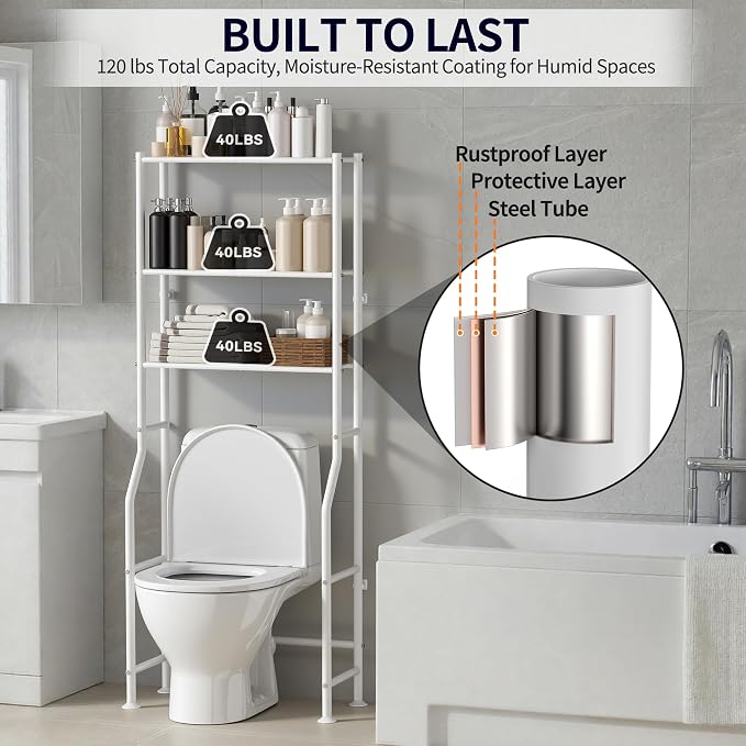 3-Tier Over The Toilet Storage, Freestanding Metal Bathroom Shelves, Space Saver Above The Over Toilet Storage Shelf for Bathroom (White)