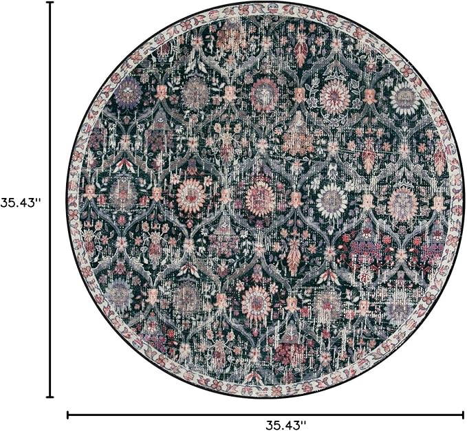 Lahome Moroccan Trellis Round Area Rugs, Washable Small Round Rug 3ft Non-Slip, Soft Vintage Ultra-Thin Circle Carpet for Bedroom Entryway Kitchen Laundry Bathroom Elise, Black/Multi