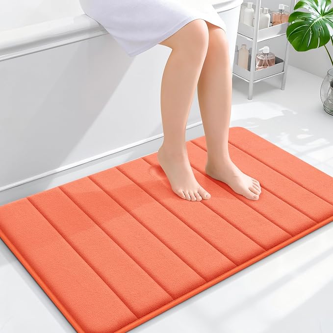 OLANLY Memory Foam Bath Mat 35x24, Super Soft Absorbent Bathroom Rugs, Quick Dry, Machine Washable Shower Floor Rugs, Bathmat Carpet, Bathroom Home Decor Accessories, Coral