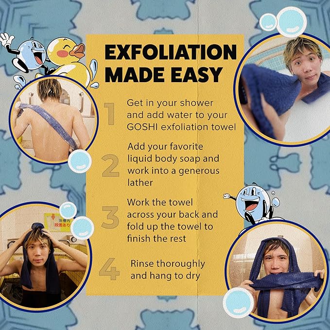 GOSHI Exfoliating Shower Towel - Long Body Scrubber for Back Acne, KP & Smooth Skin - Durable Rip-Resistant Weave, Quick-Dry Nylon Washcloth - Ethically Crafted in Gunma, Japan - Blue