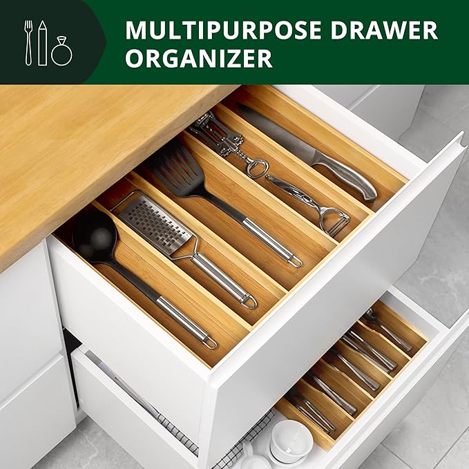 Luxury Bamboo Kitchen Drawer Organizer - Silverware Organizer - Utensil Holder and Cutlery Tray with Grooved Drawer Dividers for Flatware and Kitchen Utensils (5 Slot, Natural)