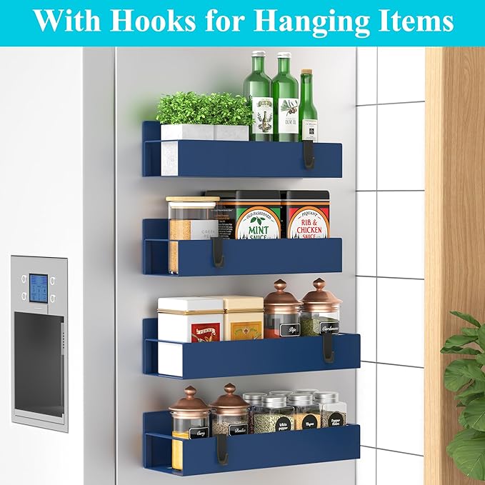 HuggieGems 4 Pack Magnetic Spice Storage Rack Organizer for Refrigerator and Oven, Royal Blue Fridge Organizers and Storage