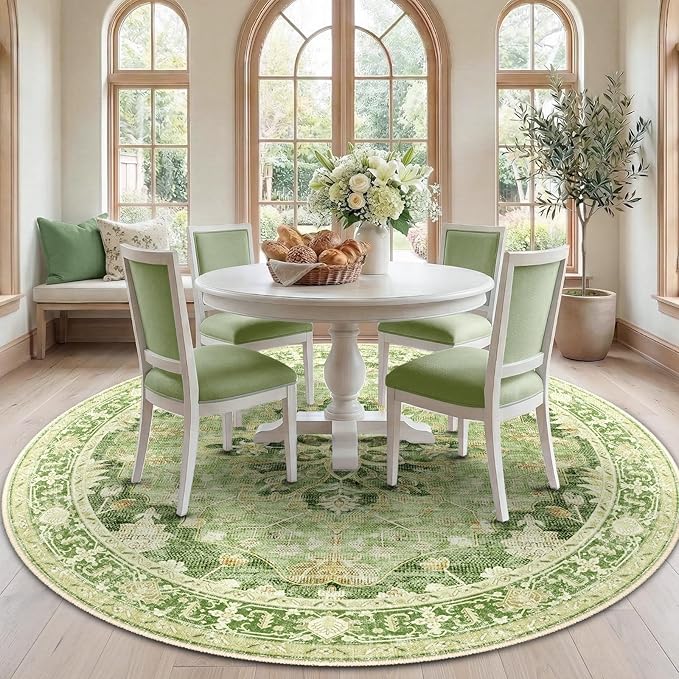 RELEANY Area Rugs Round 7ft Washable Non-Slip, Floral Vintage Distress Medallion Carpet for Living Room Bedroom Dining Room, Sage Green Yellow