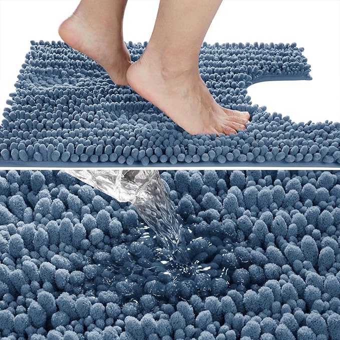 Yimobra Toilet Rug U Shaped Washable 24x24 Inch - Ultra Soft Absorbent Chenille Bath Rugs for Toilet, Quick Dry & Machine Washable, Non Slip Contour Bathroom Mat, Denim Blue