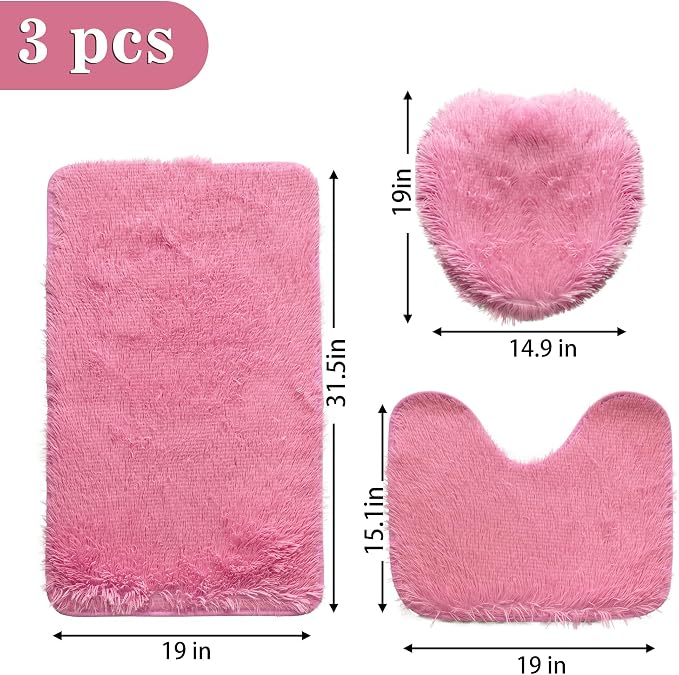 Pink Bathroom Rugs Sets 3Piece Bath Mat Solid Bath Rug Floor Mats Washable Shower Rug with U-Shaped Contour Rug Toilet Lid Cover