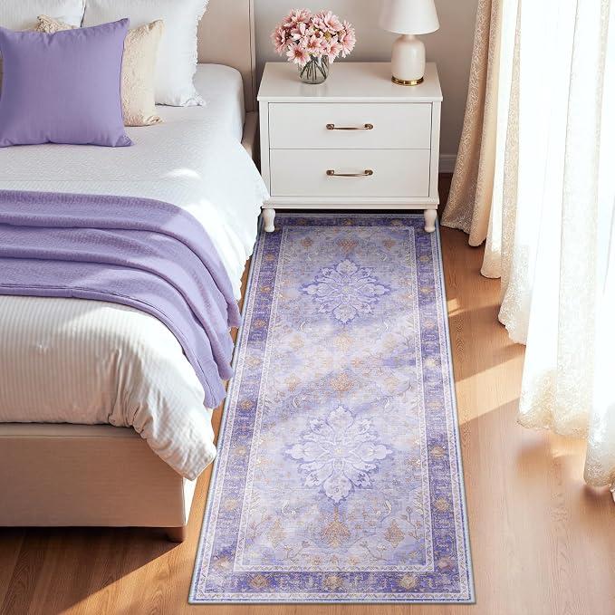 RELEANY Area Rugs Runner 2'x5' Washable Non-Slip, Floral Vintage Distress Medallion Carpet for Kitchen Hallway Bedroom Beside Laundry Room Bathroom, Light Purple Brown