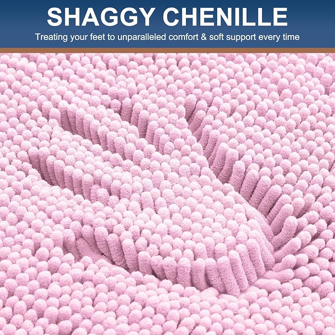 Smiry Luxury Chenille Bathroom Rugs 47x20, Extra Soft and Absorbent Shaggy Bath Mat, Machine Washable, Non-Slip Plush Carpet Runner for Tub, Shower, and Floor, Home Decor Accessories, Pink