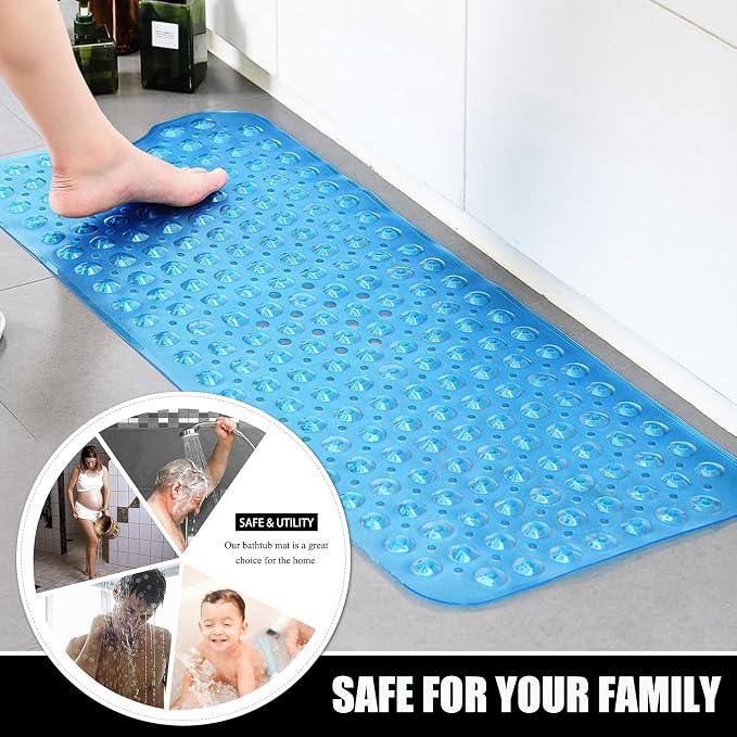 Large Non Slip Bathtub Mat, Extra Long Bath Mat for Tub, 40 x 16 Inch, Machine Washable Shower Mats with Suction Cups and Drain Holes, Bath Tub Mats for Bathroom Non Slip, Clear Blue